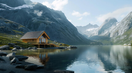Fototapeta premium A small cabin is on a lake surrounded by mountains