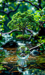 Small tree inside of glass ball on top of pond of water.
