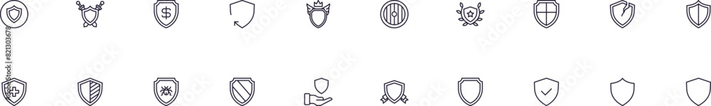Poster shield vector outline icons drawn with black thin line. editable stroke. simple linear illustration 