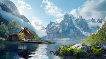 A mountain range with a cabin in the foreground and a lake in the background - Powered by Adobe