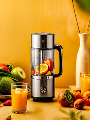 Blender filled with lots of fruit next to glass of orange juice.
