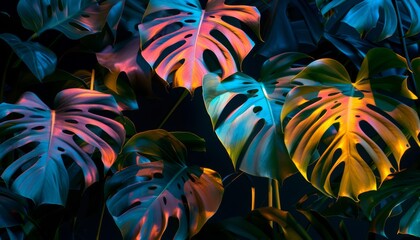Tropical leaves in neon colors on black background, generated with ai