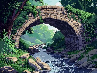 Under a stone bridge that crosses a creek, pixel art, video game rpg, 8 bit, low resolution, low pixels, very pixelated, generated with ai