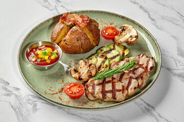 Grilled pork steaks with baked potato, vegetables and salsa