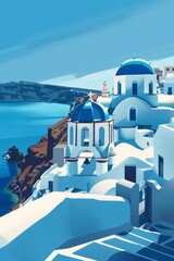 Very minimalist illustration, greece, blue and white, retro style, generated with ai