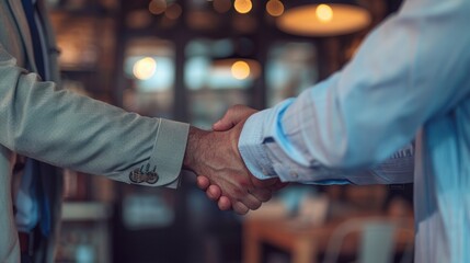 Two business people shaking hands over a table in a restaurant.