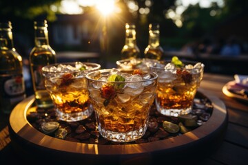 Cold craft beer bottles are arranged in an ice bucket in a summer barbecue in the , generative IA