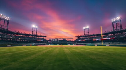 Wide shot. documentary photography. baseball stadium with bright lights on. stands and field are empty. setting is dusk with orange, pink, and purple skies, generated with ai