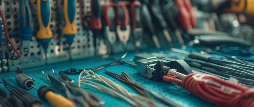 A well-organized workbench is filled with various electronics repair tools and components, signifying precision and detail
