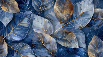 Blue transparent textured tree leaves design. Great for wall art and home decor. Watercolor transparent golden and dark blue leaves