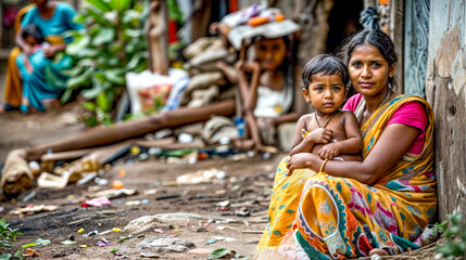 Two young girls sitting on the ground in front of pile of garbage.
