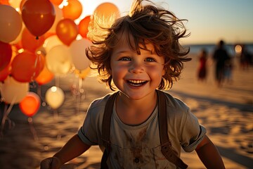 Happy child with balloon on the beach at sunset., generative IA
