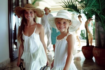 Smiling Family Arriving at Hotel Lobby for Vacation Check-In