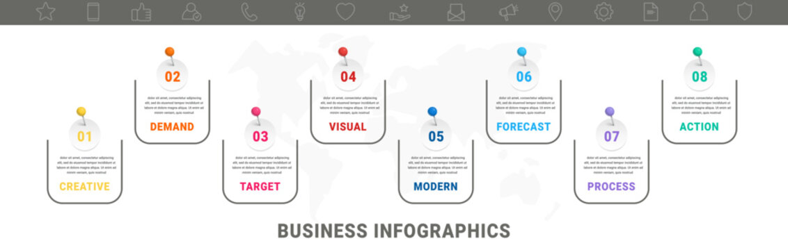 Vector modern infographic flat template pin and circles for diagram, graph, presentation. Business concept with eight options and marks. Blank space for content, step for step, timeline, workflow
