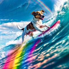 Dog riding wave on top of surfboard in the ocean.