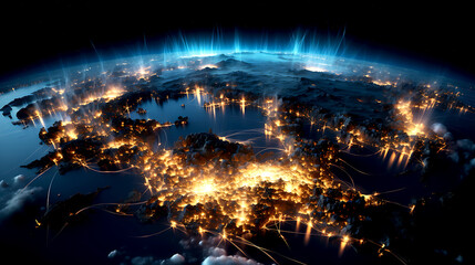Planet Earth at night from space showing North America connected to the rest of the world, global community concept illustration