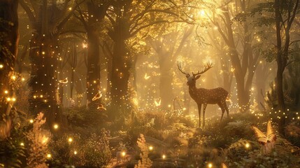 Create a dreamy forest scene with fairy lights and magical creatures. --ar 16:9 Job ID: dc7ddecb-09ba-4434-b0de-3c587276ca69
