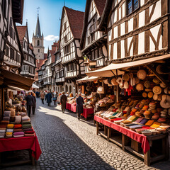 Fototapeta premium A bustling medieval marketplace filled with merchants selling colorful textiles, exotic spices, and handcrafted wares, with cobblestone streets and charming half-timbered houses.