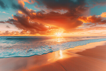 A picturesque tropical beach during sunset, with the sky ablaze in hues of orange and pink, casting a warm glow over the smooth sand and gentle waves