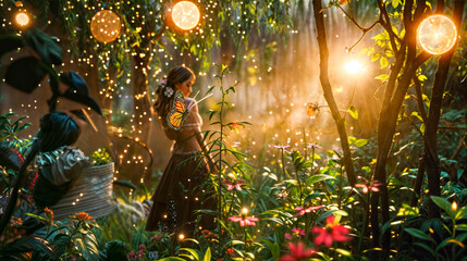Woman in dress holding butterfly in field of flowers and lights.
