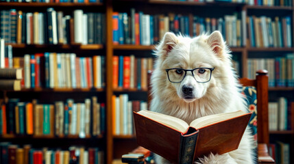 Dog wearing glasses reading book in front of bookshelf.