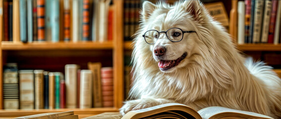 Dog with glasses reading book in front of bookshelf.