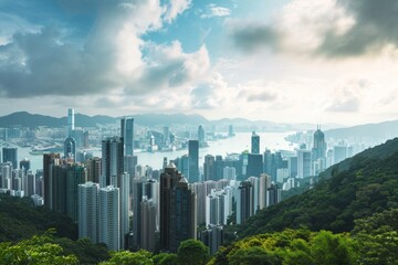 Naklejka premium Hongkong view, Panoramic view of modern city skyline in Hongkong, Ai generated