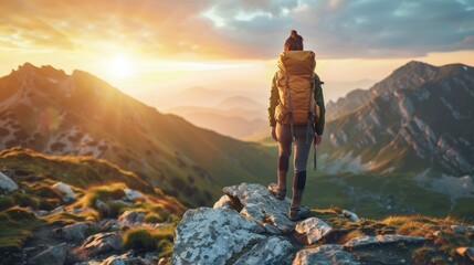 The image shows a person standing on a mountaintop, looking out at the view. The sun is setting, and the sky is a golden orange color. The person is wearing a backpack and a warm hat, and they have a - Powered by Adobe