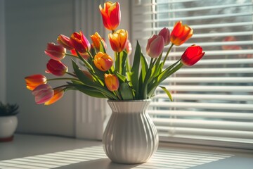 Colorful Flowers in Vase on Window Sill