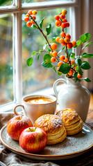 Plate of pastries and cup of coffee on window sill.