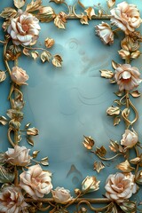 3D render of vintage floral frame with gold and pink roses on blue background, Ai generated