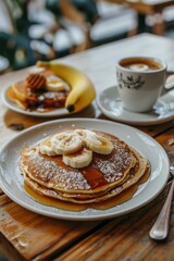 Stack of Pancakes With Bananas and Syrup