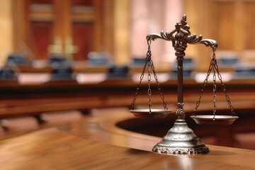 Elegant bronze scale symbolizing justice stands prominently in a courtroom environment, implying legal fairness and judicial balance