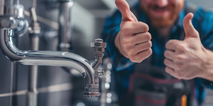 Smiling plumber in work attire giving a double thumbs up after installing a shiny new kitchen faucet