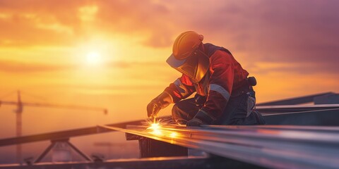 A welder in protective gear is actively welding metal on a construction site at sunset