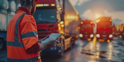 A logistic worker in high visibility jacket uses a digital tablet with cargo trucks in the background at sunset