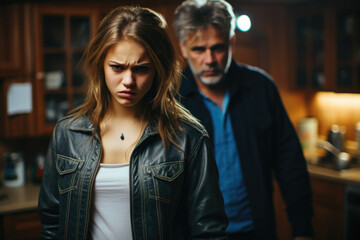 Fototapeta premium father and daughter quarrel in the kitchen. angry teenage daughter leaves the room, her father wants to stop her. Generation conflict, family problems