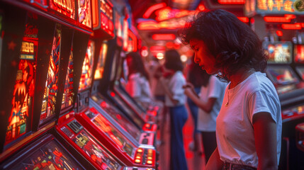 Teenagers boys and girls enjoy video game machines in retro arcade set, 80s nostalgia vintage entertainment culture