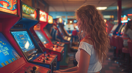 Teenagers boys and girls enjoy video game machines in retro arcade set, 80s nostalgia vintage entertainment culture