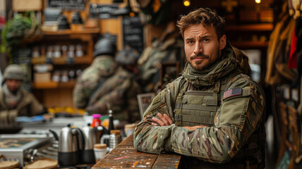 military personnel in a hipster coffee shop drinking coffee. sunny day generative ai