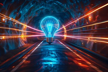 Glowing Blue Lightbulb in Dark Tunnel Surrounded by Vibrant Neon Speed Lines Symbolizing Innovation and Futuristic Technology