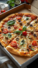 Delectable Hot Pizza Served in Delivery Box with Fresh Veggie Toppings on Tabletop Setting