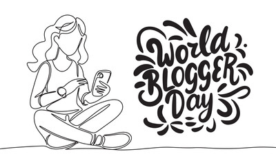 World Blogger Day holiday text banner. Blogger line art. Hand drawn vector art.