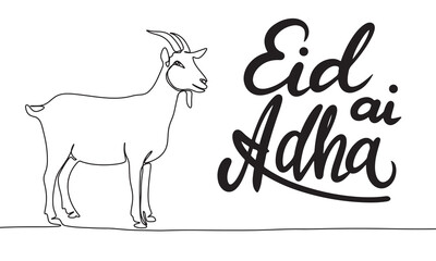 Eid al Adha holiday text banner. Goat line art. Hand drawn vector art.