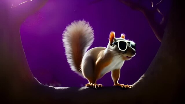 Squirrel in sunglasses on a tree