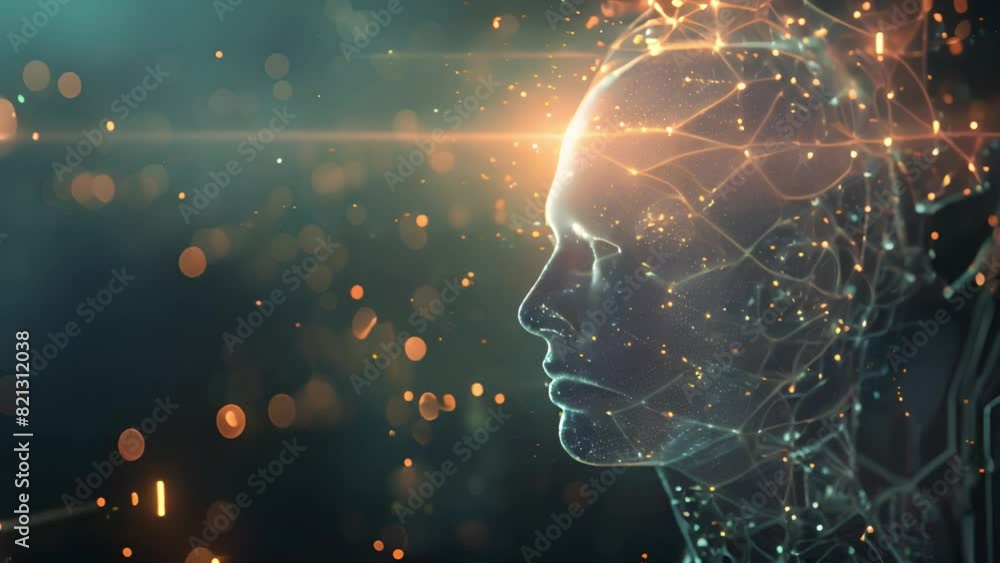 Poster A digital human profile with illuminated neural networks and glowing connections, symbolizing artificial intelligence and technology in a futuristic night setting.