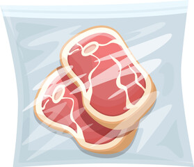 Illustration of a vacuumsealed raw steak in plastic packaging for preservation and storage, perfect for butchery, supermarket, or culinary graphic design projects