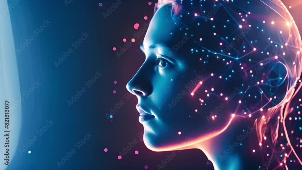 Aufkleber Side profile of a digital human head showcasing a neural network with glowing connections, set against a dark background, depicting artificial intelligence and technology.