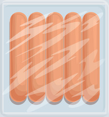Vector image of a clear plastic tray with fresh sausages, suitable for foodrelated designs
