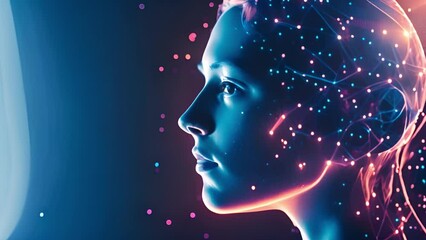 Side profile of a digital human head showcasing a neural network with glowing connections, set against a dark background, depicting artificial intelligence and technology.
